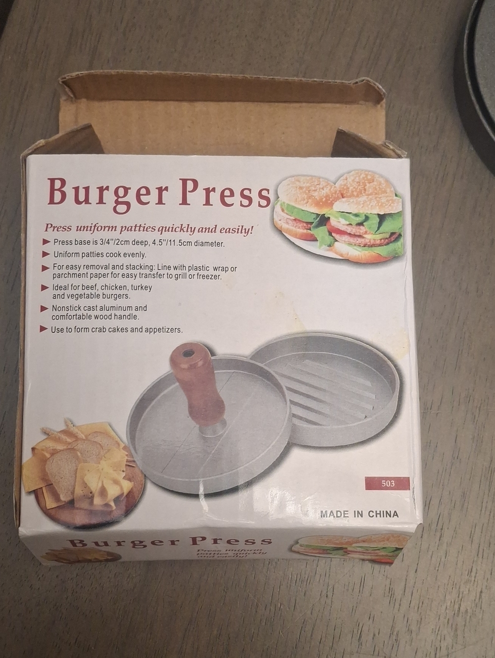 Burger Press - Aluminum Patty Maker with Wooden Handle (Silver)